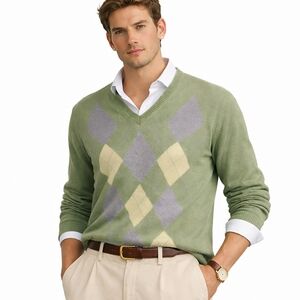 Banana Republic green Argyle Sweater XL Silk Cotton Cashmere Preppy Old Money